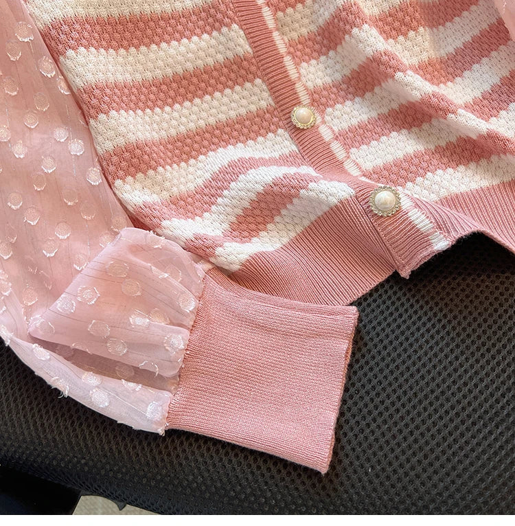 Hnewly  Striped knitted Sweater For Women's Spring Autumn French Elegant Round Neck Long Sleeved Patchwork Chiffon Loose All-Matched Top