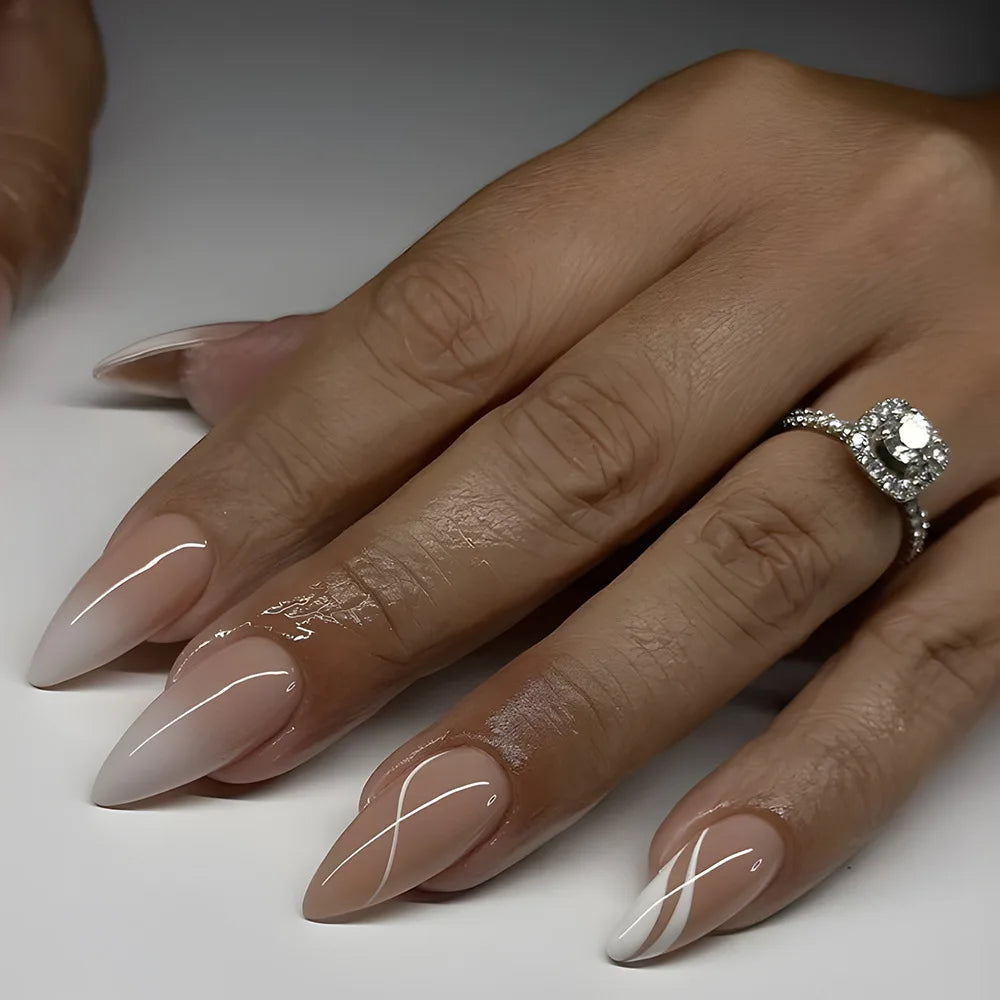 Hnewly 24Pcs Golden French Fake Nail with Almond Head Design Simple Oval False Nails Wearable Press on Nails Full Cover Nail Tips