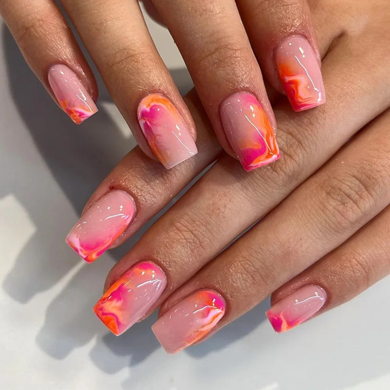 Hnewly 24Pcs Press On Nails Simple French Colorful Wavy Abstract Line Fake Nails Full Cover Nail Art Tips Coffin Square Head False Nail