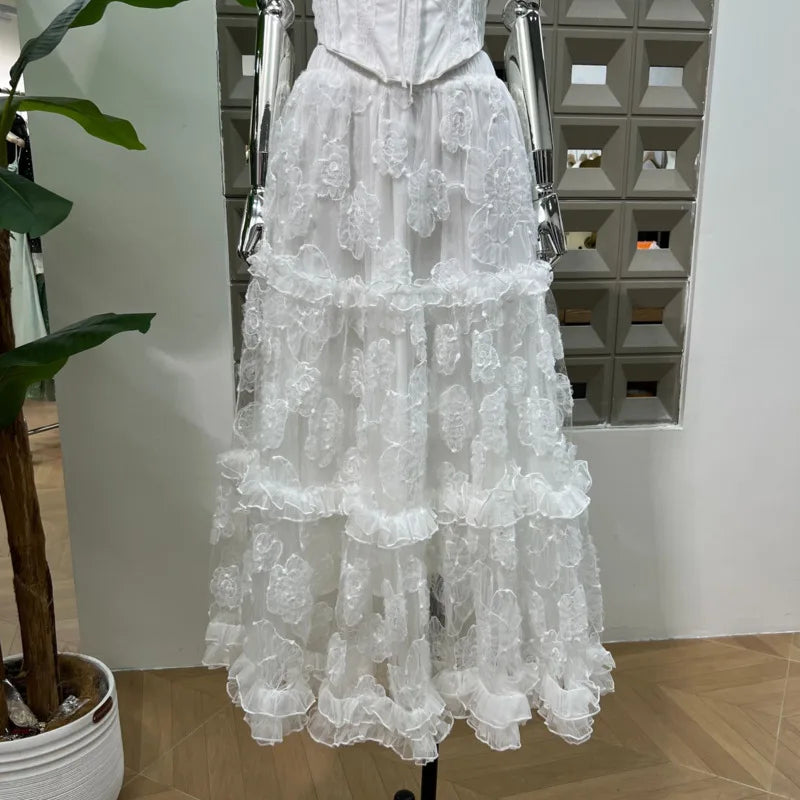 Hnewly Fashion Solid Color Lace 2 Piece Set Women's Sleeveless Vest Tops A Line Skirts 2025 Summer New Tide