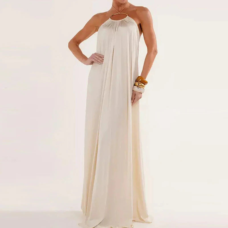 Hnewly  Ladies Casual Hanging Neck Hollow Solid Color Dress Summer Loose Swing Vacation Dress Sexy Backless Hollow Out Robe Dresses