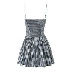 Lunivop  Sexy Gingham Plaid Spliced Lace O neck Mini Sling Dress Women Open Through Buttons Low Waist Swing A line one-piece Dresses