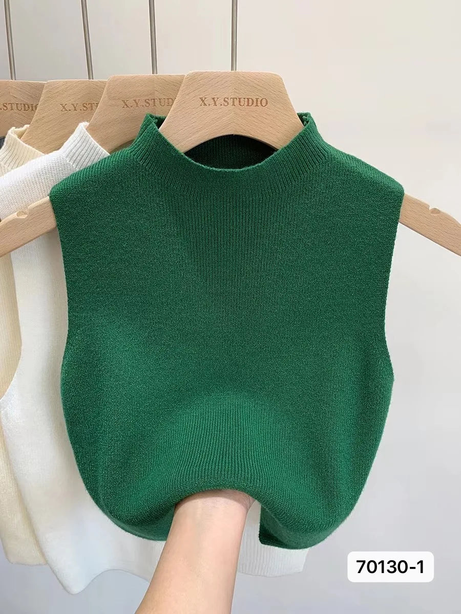 Hnewly White Knitted Camisole Sleeveless Vest For Women Spring Summer Half High Neck Short   Basic Bottom Top Korean Version Trendy Tee
