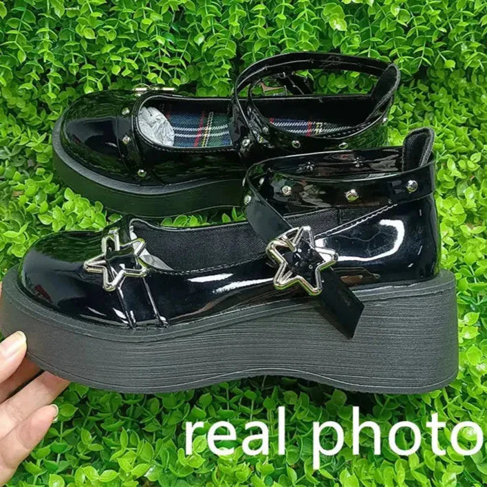 Hnewly Shoes Lolita shoes Women heels platform mary janes Star Buckle Strap Mary Janes Women Cross-tied Girls Rivet Casual kawaii shoes