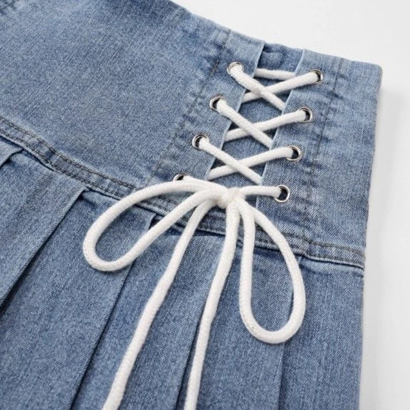 Hnewly Denim Pleated Skirts Women Cute Lace-up Chic Girlish Summer Mini Skirt Korean Style Fashion Sexy High Waist Streetwear College