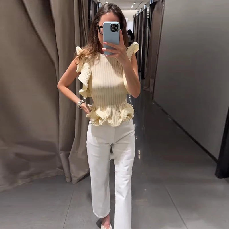 Hnewly  Elegant Wave Knitted Women's Vest Fashion O-Neck Sleeveless Waist-Closed Tank Tops Summer Chic Solid Female Streetwear