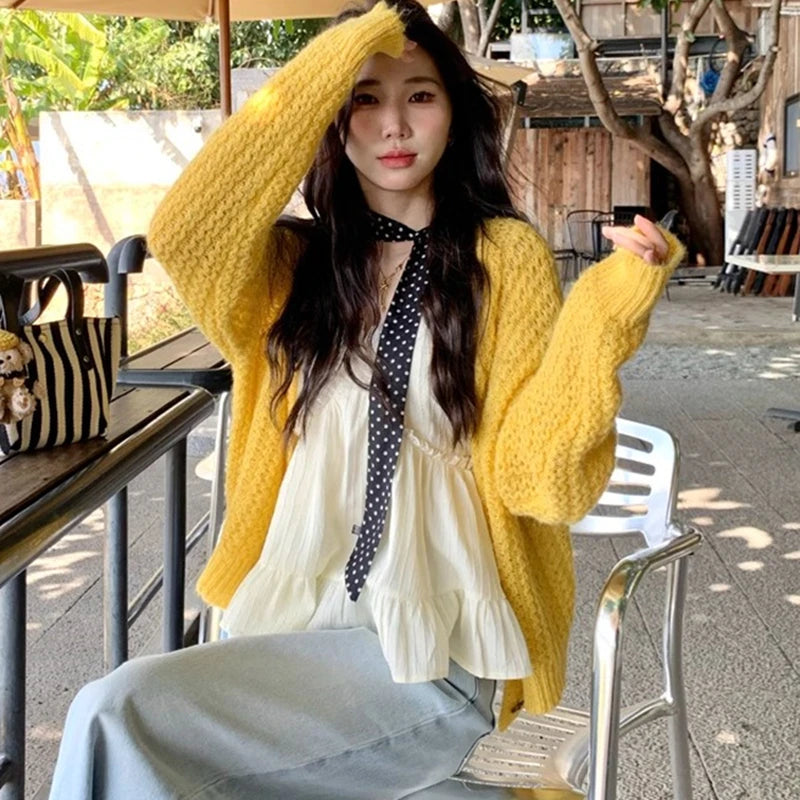 Hnewly  Open Knit Cardigan for Women Long Sleeve V-neck Button Up Sweater Jacket Autumn Winter Ladies Slouchy Casual Outfit