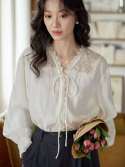 Hnewly V Neck Lace Blouse Women Elegant Long Sleeve Vintage Patchwork Shirt Sweet French Retro Lace Up Female Casual Tops Fall New