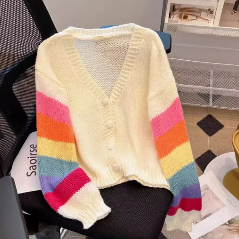 Hnewly  Rainbow Striped Knitted Cardigan for Women Teen-girl Cozy Soft Mohair Button Front Sweater Jacket Winter Autumn Y2K Outfit