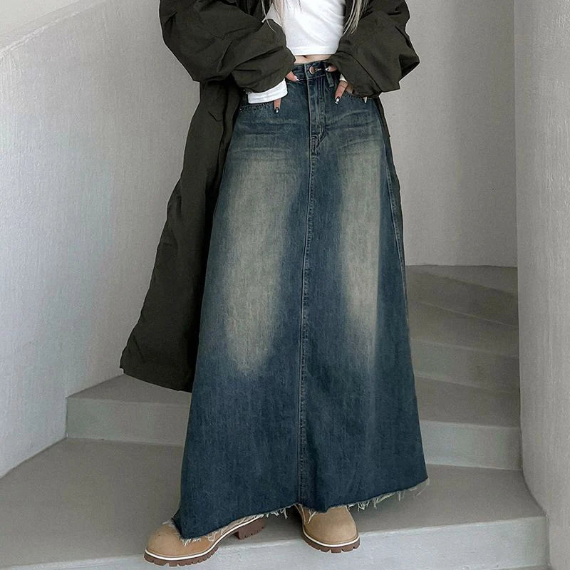Hnewly  Vinatge A Line Denim Long Skirts Women Spring High Waist Midi Jeans Skirt Woman Korean Streetwear Loose Skirts Female
