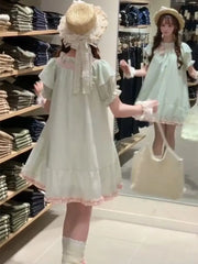 Hnewly  Mini Dresses Women Sweet Bow Ruffles Patchwork Puff Short Sleeve Summer Fashion Casual Party Dress Princess Casual
