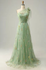 Lunivop  High Quality One Shoulder Green Tulle Pleat Appliques Flowers Sleeveless Elegant Dress Women for Wedding Party
