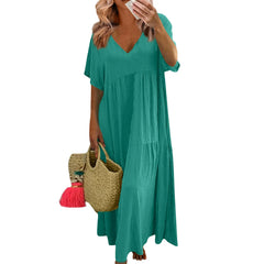 Hnewly  Summer Soft and Comfy Fashion V-neck Solid Color Large Size Loose Long Large Swing Short-sleeved Dress Basic Versatile Clothes