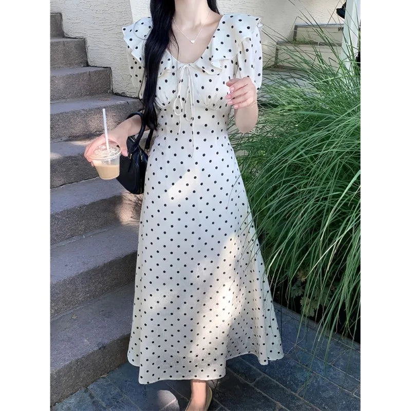 Hnewly  Woman Dress Polka Dot Puff Short Sleeve Ruffles Bandage V Neck Temperament Sweet Dresses Elegant Female Fashion