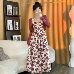 Hnewly  Rose Hanging Neck Skirt Women's Summer New Floral Dress Sunscreen Cardigan Two-piece Set