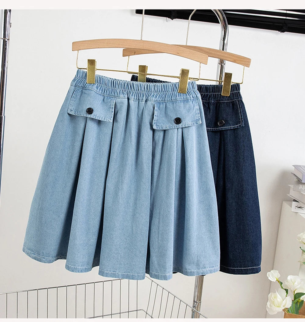 Hnewly M-5XL Oversize Denim Skirt Women's New Elastic High Waisted A-line Loose Fit Retro Knee-length Skirt with Built-in Safety Shorts
