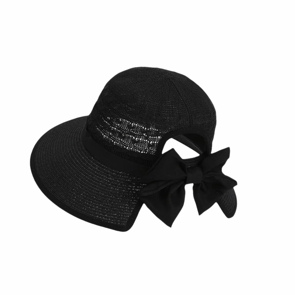 Hnewly  Fashion Breathable Straw Hat Bow-tied Ponytail Hole Sun Hat Solid Color Wide Brim Summer Hat Women
