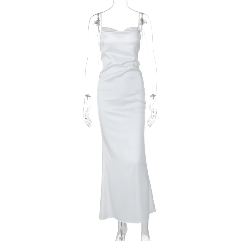 Hnewly wedding guest outfit Cross Bandage Long Satin Dress Women Spaghetti Strap Backless Maxi Dress Summer Elegant Party Dresses
