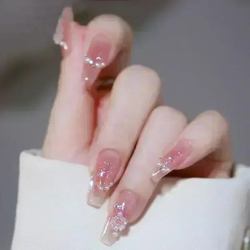 Hnewly 24pcs Detachable Short Press on Nails Y2k rhinestone False Nails with Glue Ballet Sweet Cool Girls Artificial False Nails Tips
