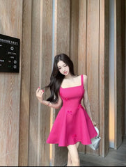 Hnewly  Woman Dress Sleeveless Bow Square Collar Summer Fashion Elegant Backless Vintage Sexy Mini Dresses Party Female