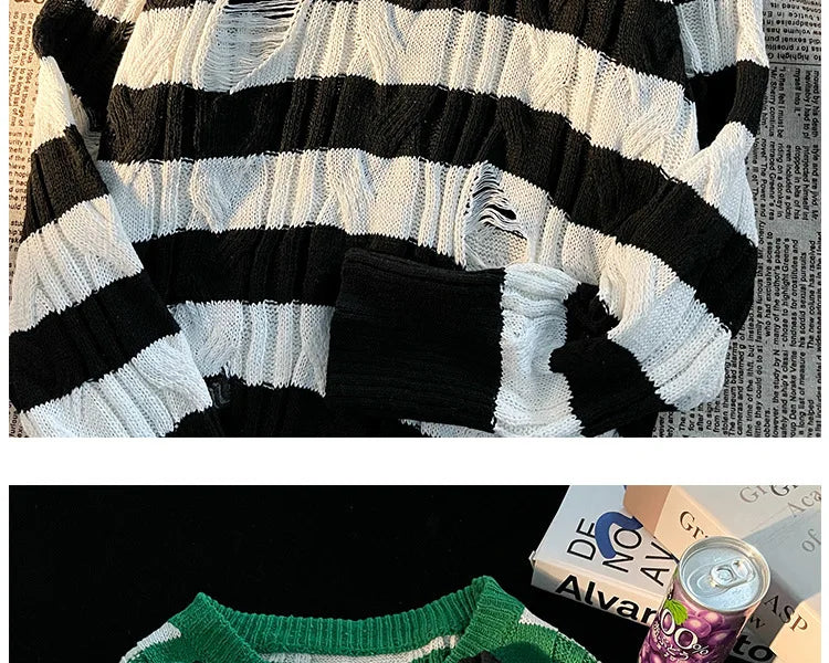 Hnewly  Women Striped Retro Knitted Sweater Spring Autumn Loose Versatile Pullover Casual Fashion Holes Round Neck Long Sleeved Top