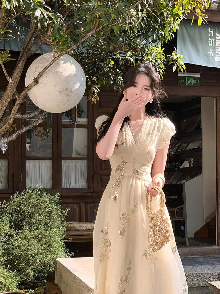 Hnewly French Vintage V-Neck Midi Dress Female Casual Even Party Clothing Summer Retro Elegant One Piece Dress Korean 2000s Y2k