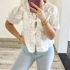 Hnewly Babydoll Tops Women y2k Clothes Floral Embroidery Round Neck Puff Short Sleeve Shirts Elegant White Blouses Streetwear