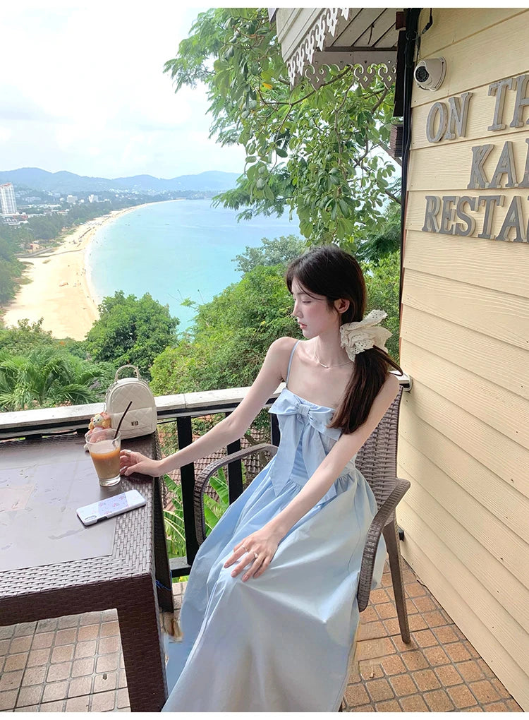 Hnewly Japanese Midi Dress Women Casual Sweet Elegant Strap Blue Bow Strapless Dress Beach Style One Piece Dress Korean Summer