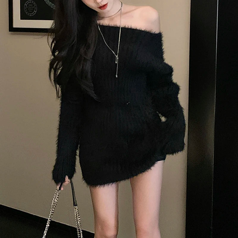 Hnewly  Fuzzy Knit Sweater for Women Soft Fluffy Boat Neck Tunic Tops Fitted Rib-knit Plain Jumper Female Autumn Winter Basic Outfit