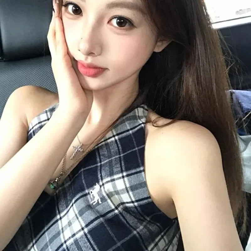 Hnewly V-neck Plaid Mini Dress Women Vintage Streetwear Summer A-line Pleated Vestidos New Design Flattering Waist Harajuku Fashion