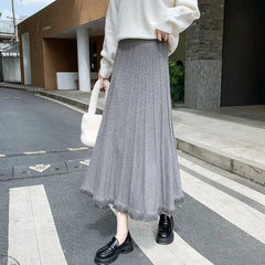 Hnewly  Knitted Skirts Women Plus Velvet Thicken Autumn Winter Wide Skirt Elegant Streetwear Baggy Casual High Waist Faldas All-match
