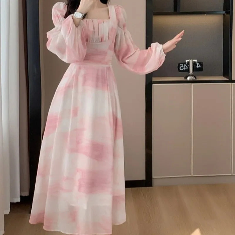 Hnewly  Pink Chiffon Dresses Woman Square Neck Spring Autumn Long Dress A-line Korean Fashion Elegant Sweet Vestidos Mujer