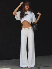 Hnewly  Street Chains Belt Hollow Out Jeans Women Baggy Zipper Pockets Wide Leg Straight Denim Pants Summer Lady Y2k Chic Trouser