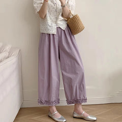 Hnewly  Korean Ruffles Wide Leg Pants Women Summer High Waisted Loose Straight Leg Pants Woman Solid Pocket Ankle Length Pants Female