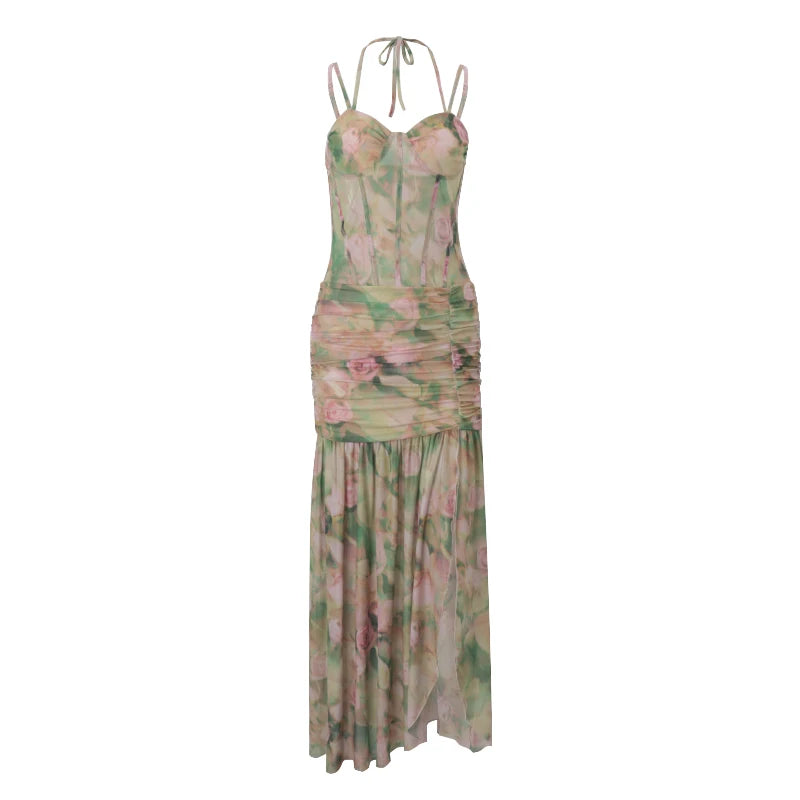 Hnewly Sexy Sleeveless Split Floral Print Bodycon Spaghetti Strap Dress Summer Fashion Club Vacation Beach New Women Vestidos