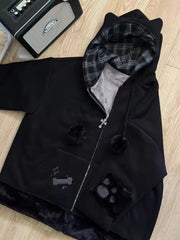 Hnewly  Y2k Fashion Black Cat Plaid Patchwork Jackets Autumn New Thicked Warm Tops Mujer Y2k Loose Long Sleeve Zipper Tops Mujer