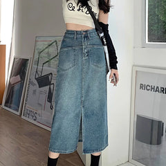 Hnewly  Retro Blue Long Denim Skirt for Women High Waist Split A-Line Mid Calf Skirts Woman Summer High Street Pocket Jeans Skirt