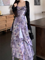 Hnewly  Spring New Women French Sleeveless Retro Camisole Dress Irregular Mesh Printed Dress Slim Ruffles Long Fairy Dress