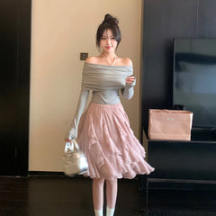 Hnewly  Women Pink Ruffled Skirts Elegant Korean Style High Waist Elastic Waist Asymmetric Lace Layered Short Skirts Mesh Skirt