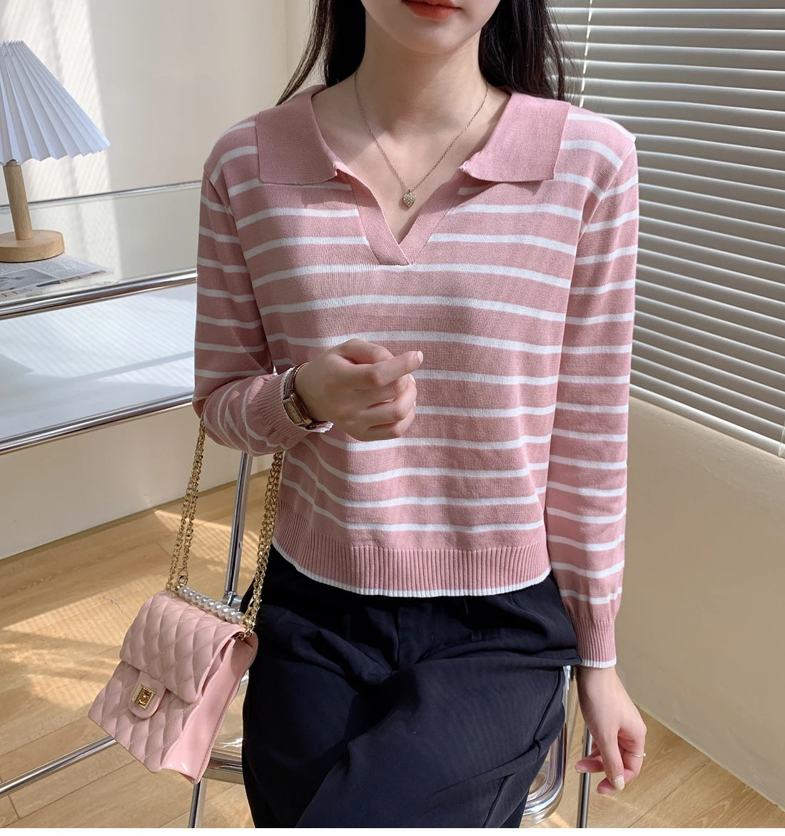 Hnewly  Striped Knit Pullover Sweater Women's Autumn 2025 New Lapel Shirt V-neck Loose Long Sleeve T-shirt Fashion Bottoming Short Top