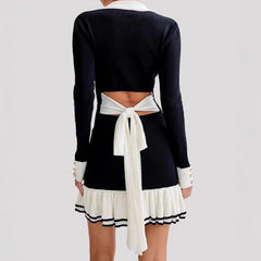 Hnewly  Elegant Black Knitted Mini Dresses Women Sweet V-neck Long Sleeve Party Dresses Sexy Bow Retro Ruffle Knitwear Dresses