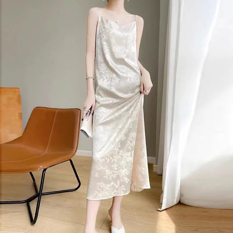 Hnewly Satin Jacquard Slip Dress for Women Summer Sexy Hollow Out Sleeveless Midi Dress Y2K Korean Elegant Beach Party Vestidos New
