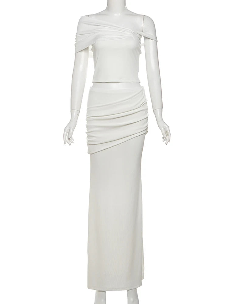 Hnewly Elegant Fashion 2 Piece Set Women Irregular Skew Collar Backless Crop Top+Ruched Skirts Summer Trend Beach Style Suit