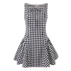 Lunivop  Sexy Red Gingham Plaid Mini Sleeveless Dress Women Bow O Neck Zipper Back Low Waist Ruched Hem Swing Tank Dresses Vestidos Black