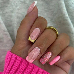 Hnewly 24Pcs Press On Nails Simple French Colorful Wavy Abstract Line Fake Nails Full Cover Nail Art Tips Coffin Square Head False Nail
