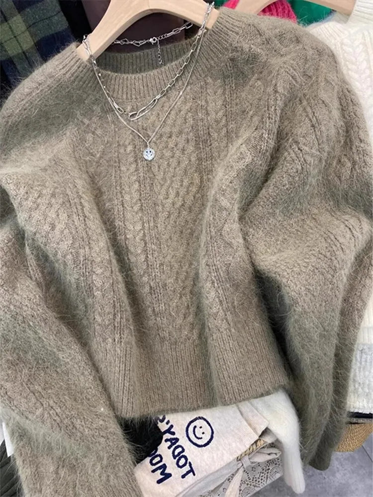 Hnewly  Imitation Raccoon Velvet Sweater Fashion Thread Round Neck Top Women's Autumn Winter Thick Long Sleeve Warm Knitted Hoodie