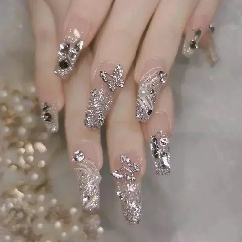 Hnewly 24Pcs False Nails French Gradient Ballet Fake Nails Press on Nails Black Heart Rhinestone Design Glitter Full Cover Nail Tips