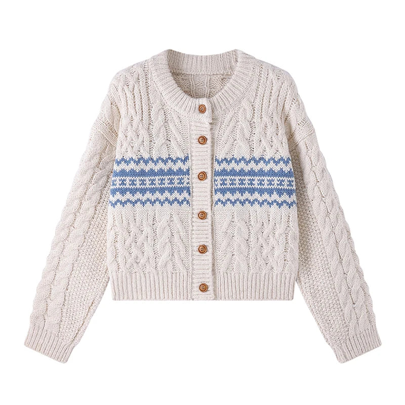 Hnewly  Fair Isle Cardigan for Women Comfy Cable Knit Button-up Sweater Jacket Cozy Knitwear Teen-girl Fall Winter Vintage Outfit