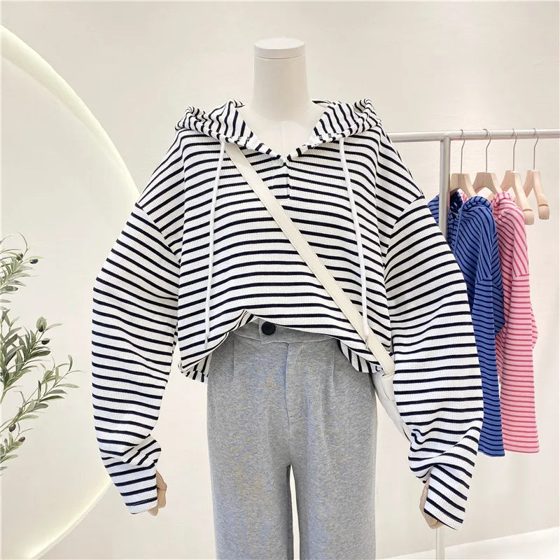Hnewly  New Striped Hoodie Sweatshirt Women's Spring Autumn 2025 Fashion Preppy Style Retro Long Sleeve Top Loose Pullover Jacket