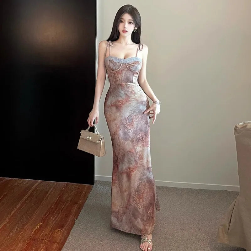 Hnewly  Temperament Elegant Dresses Women Oil Painting Floral Printed Sleeveless Vintage Stretch Bandage Party Dress Female Party